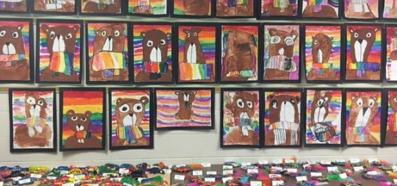 Numerous pieces of student artwork on display at Wilkins Elementary School